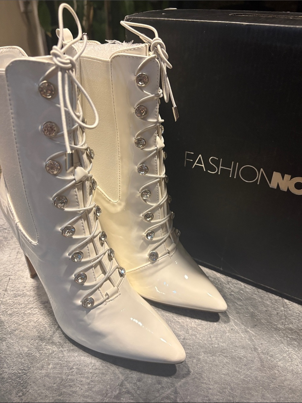 Fashion Nova White Patent Lace-Up Pointed Heel Boots